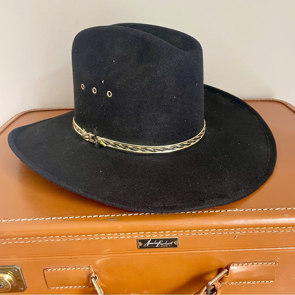 Western Express Inc. Black Felt Cowboy Hat Braided Band & Gold Accents Size 7